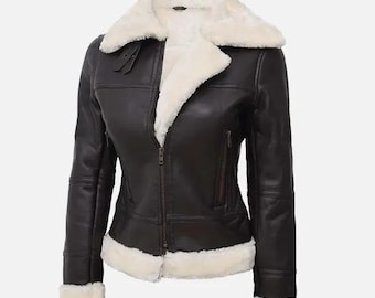 Chaqueta de piel de cordero auténtica marrón hecha a mano para mujer: abrigo de invierno estilo aviador sherpa para mujer