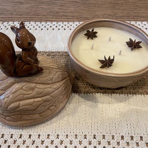May include: A ceramic candle in a walnut-shaped container with a squirrel lid. The candle has a creamy white wax with four wicks and is decorated with star anise. The container is light brown and sits on a patterned surface.