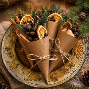May include: Three brown paper cones tied with twine, each filled with green pine sprigs, brown pinecones, cinnamon sticks, and dried orange slices. These cones are arranged on a round ceramic plate decorated with brown leaf and acorn illustrations.