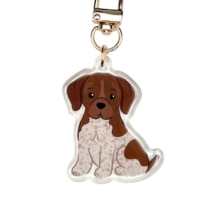 Può includere: Un portachiavi in acrilico trasparente con un disegno di un cane dei cartoni animati. Il cane ha segni marroni e bianchi ed è seduto. Il portachiavi ha una chiusura e un anello color oro per attaccarlo alle chiavi o a una borsa.