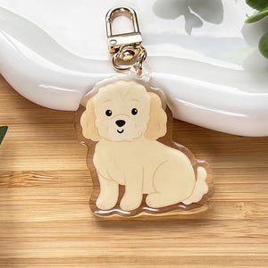 May include: A clear acrylic keychain featuring a cartoon illustration of a cream-colored dog with a gold-colored clasp. The dog is sitting with its paws forward. The keychain is on a white, wavy dish.
