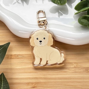 May include: A clear acrylic keychain featuring a cartoon illustration of a beige dog with a gold-colored clasp. The dog is sitting with its front paws forward. The keychain is on a white, wavy-edged dish.