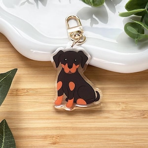 Puede incluir: Un llavero acrílico transparente con un perro negro y naranja de estilo caricatura. El perro está sentado con las patas hacia adelante. El llavero tiene un cierre dorado.