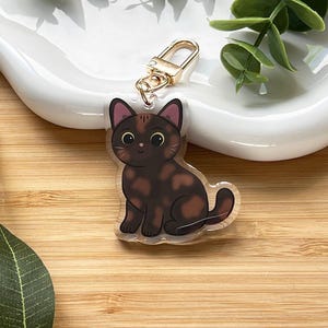 Könnte beinhalten: Ein klarer Katzen-Schlüsselanhänger aus Acryl mit einem goldfarbenen Verschluss. Die Katze ist braun mit dunkleren braunen Flecken und einer rosa Nase. Die Katze sitzt mit eingerolltem Schwanz. Der Schlüsselanhänger liegt auf einer weißen, wellenförmigen Schale.