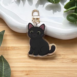 May include: A black cat keychain with a gold-colored clasp. The cat is sitting with its paws forward, and has yellow eyes and pink inner ears. The keychain is on a wooden surface with a white ceramic dish and green leaves in the background.