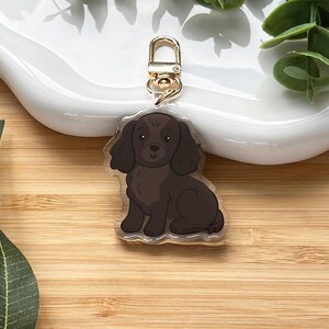 May include: A brown dog-shaped keychain with a gold-colored clasp. The dog is a dark brown color with a light brown outline. The keychain is on a wooden surface with green leaves and a white, wavy-edged dish in the background.