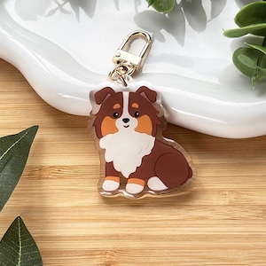 May include: A clear acrylic keychain featuring a cartoon-style dog with brown, white, and orange markings. The keychain has a gold-colored clasp and is attached to a white, curved dish. The background is a wooden surface.