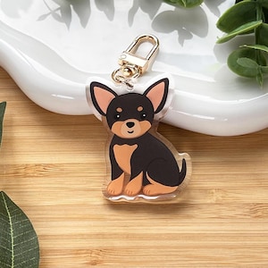 May include: A clear acrylic keychain depicting a cartoon Chihuahua dog with black and tan markings. The dog has large ears and is attached to a gold-coloured clasp. The keychain is displayed on a white, wavy dish.