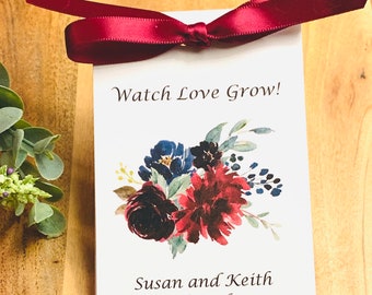 Wedding Favors | Flower Seed Packets , Burgundy, Navy, Reds Floral Bouquet of Roses  Watercolor | Seed Packets