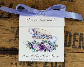 Tea with the bride to be | Bridal Shower Favors | Personalized | stacked teacups lavender and purple