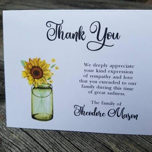 MASON JAR Sympathy Acknowledgement Cards, Funeral Thank You and Bereavement Notes Personalized