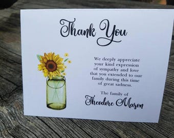 MASON JAR Sympathy Acknowledgement Cards, Funeral Thank You and Bereavement Notes Personalized