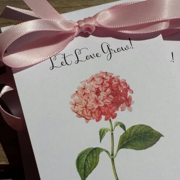 Recuerdos de recepción de boda / Hortensias rosas personalizadas / Recuerdos de despedida de soltera con sobres de semillas de flores silvestres