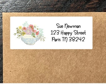 Floral Blue Teacup Return Address Labels, Personalized Address Labels