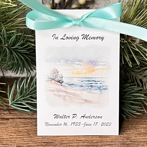 Memorial Favors | Beach/Lake Funeral Favor Prayer Cards | Personalized Celebration of Life Cards | Bereavement Flower Seed Packet