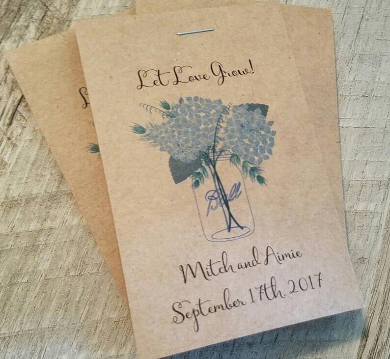 RUSTIC Blue Hydrangea Mason Jar Design , Seeds Let Love Grow Flower Seed Packet Favor Shabby Chic Cute Favors for Bridal Shower Wedding immagine 4