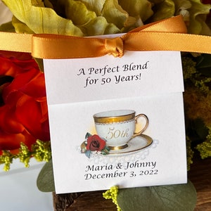 A Perfect Blend for 50 Years | 50th Wedding Anniversary Tea Favors | 50th Favors | Golden Teacup Design Tea Bag Packets