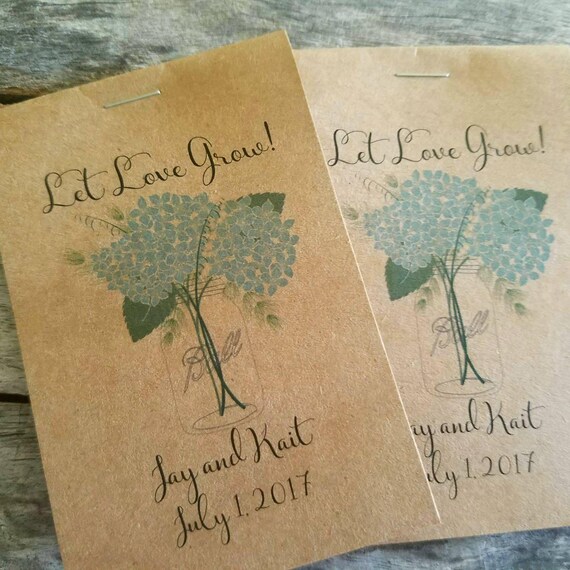 RUSTIC Blue Hydrangea Mason Jar Design , Seeds Let Love Grow Flower Seed Packet Favor Shabby Chic Cute Favors for Bridal Shower Wedding