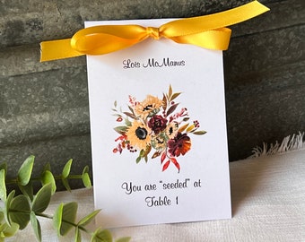 Autumn Fall Wedding Reception Place Cards Printed with Guest , Seed Packets Double as Escort Cards Wedding Seating Chart