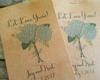 RUSTIC Blue Hydrangea Mason Jar Design , Seeds Let Love Grow Flower Seed Packet Favor Shabby Chic Cute Favors for Bridal Shower Wedding