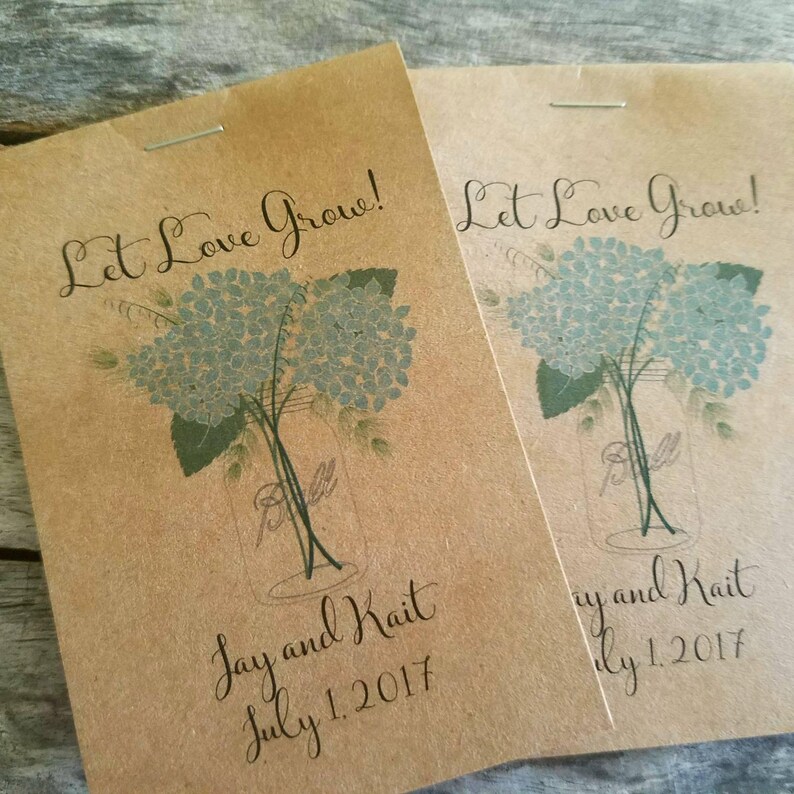 RUSTIC Blue Hydrangea Mason Jar Design , Seeds Let Love Grow Flower Seed Packet Favor Shabby Chic Cute Favors for Bridal Shower Wedding image 1