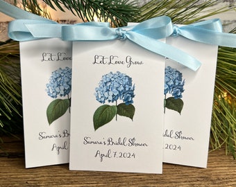 Bridal Shower Favors | Blue hydrangea design | flower seed packets filled with sunflowers or wildflowers - NOT Hydrangea Seeds