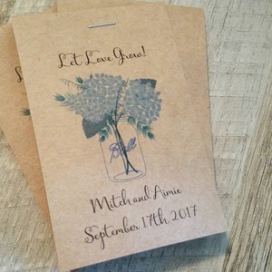 RUSTIC Blue Hydrangea Mason Jar Design , Seeds Let Love Grow Flower Seed Packet Favor Shabby Chic Cute Favors for Bridal Shower Wedding image 2