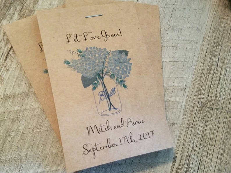 RUSTIC Blue Hydrangea Mason Jar Design , Seeds Let Love Grow Flower Seed Packet Favor Shabby Chic Cute Favors for Bridal Shower Wedding image 2