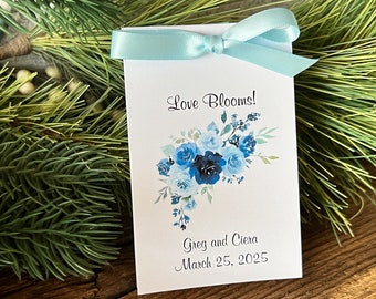 Personalized Blue Roses Wedding Favors | Beautiful Watercolor Floral Bouquet of Baby blue and Navy roses | Seed Packets