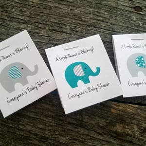 Personalized MINI Elephant Baby Shower Party Flower Seeds Packet Favors Gray and Teal Blue Wildflower Seed Cute Little Favors image 2