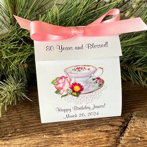 Birthday Party Tea Bag Favors | Henrietta Pink White Rose Teacup Tea Favors 30th 40th 50th 60th 70th 80th 90th 100th Birthday Celebration