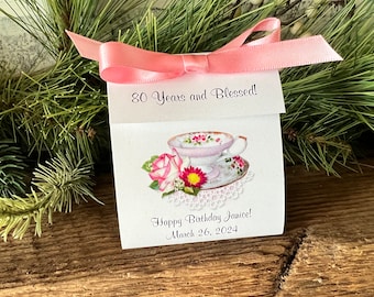 Birthday Party Tea Bag Favors | Henrietta Pink White Rose Teacup Tea Favors 30th 40th 50th 60th 70th 80th 90th 100th Birthday Celebration