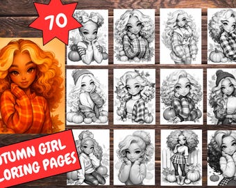 Op de afbeelding: Een verzameling van 70 herfstmeisjes kleurplaten. De hoofdafbeelding toont een meisje met oranje krullen in een oranje geruit overhemd. De andere afbeeldingen zijn zwart-wit illustraties van meisjes met pompoenen en herfstbladeren.