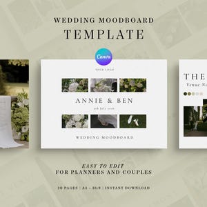 Peut inclure: Un modèle de moodboard de mariage avec le texte "Wedding Moodboard Template" et "Annie & Ben" avec une date. La conception comprend des images de détails de mariage et le logo Canva. Le texte "Easy to edit for planners and couples" est également présent.
