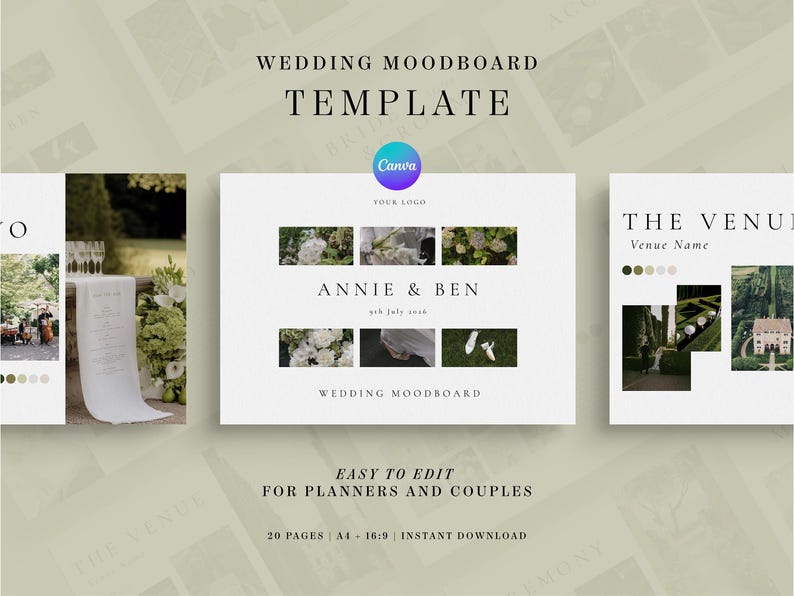 Może przedstawiać: Szablon tablicy nastroj&oacute;w ślubnych z tekstem "Wedding Moodboard Template" i "Annie & Ben" z datą. Projekt zawiera obrazy szczeg&oacute;ł&oacute;w ślubnych i logo Canva. Obecny jest r&oacute;wnież tekst "Easy to edit for planners and couples".
