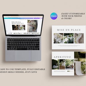 Może przedstawiać: Laptop wyświetla szablon ślubny z napisem "Bridal Bouquet". Obok znajdują się dwie karty ze słowami "Mise en Place" i "Aperitivo". Widoczne jest logo Canva wraz z tekstem "Łatwo dostosuj do swoich zdjęć i kolor&oacute;w".