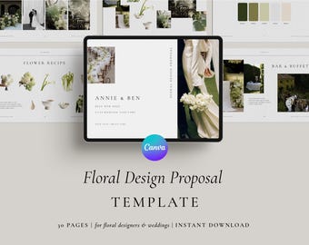 May include: A digital floral design proposal template displayed on a tablet screen, featuring thirty pages with layouts for flower recipes, bar and buffet setups, and wedding photography. The design includes text reading Annie & Ben, July 9th 2017.