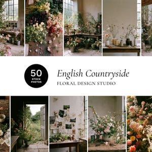 Può includere: Una collezione di 50 foto stock che ritraggono uno studio di design floreale nella campagna inglese. Le immagini mostrano vari arrangiamenti di fiori freschi, tavoli in legno rustico, vasi in ceramica e composizioni botaniche in un atelier luminoso.