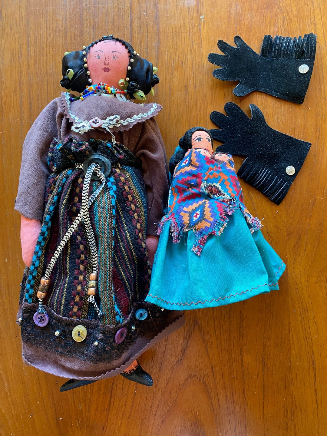 Pair of Vintage Handmade Native American Cloth Dolls and Suede Doll