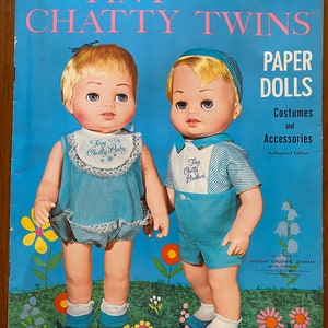 Vintage Tiny Chatty Twins 1963 Paper Dolls with Costumes and Accessories.
