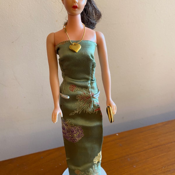 Vintage Barbie Uneeda Clone Doll Wearing Vintage Handmade Satin Chinoiserie Dress