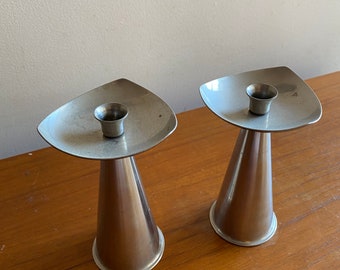 Pair of Mid Century Silver Tone Candlesticks, Vintage Pewter Candle Holders 1960s