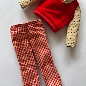 May include: A red and white checkered pattern pants and a red sweater vest with a white polka dot shirt underneath. The shirt has long sleeves and a collar.