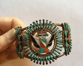 Vintage Zuni Sterling Silver Turquoise and Multi-Color Inlay Knifewing Cuff by Delfina Cochini