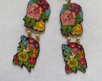 Pendientes colgantes vintage con decoupage floral, pendientes de papel victorianos de los años 80