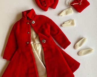 Vintage Skipper Complete #1906  Red velvet Dress Coat with Hat, Purse, Shoes and Gloves