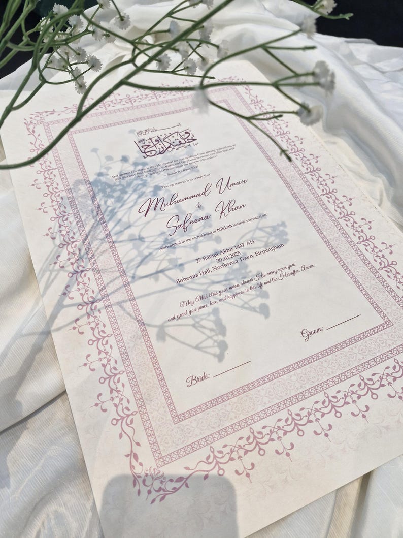 Luxury Nikah Nama printable Islamic wedding certificate, hand-drawn Muslim marriage contract with elegant design.
