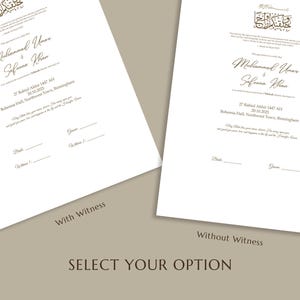 May include: Two white wedding invitation cards with elegant calligraphy in a soft gold color. One card reads "With Witness" and the other "Without Witness". The text includes names, dates, and locations.