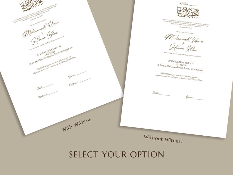 May include: Two white wedding invitation cards with elegant calligraphy in a soft gold color. One card reads "With Witness" and the other "Without Witness". The text includes names, dates, and locations.