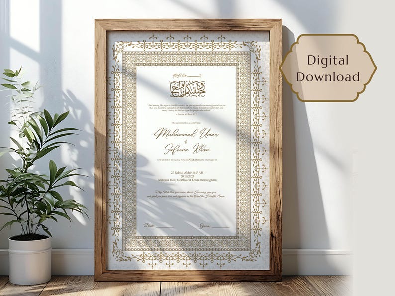 Luxury Nikah Nama printable Islamic wedding certificate, hand-drawn Muslim marriage contract with elegant design.